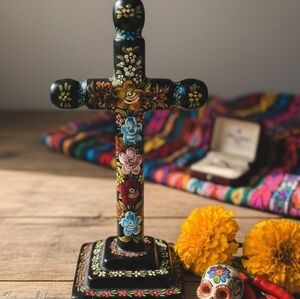 Hand-Painted Wood Crucifix Standing on Base Cross Jesus Christ Floral